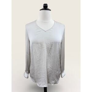 CAbi Classic Oyster Color V Neck Blouse with Ruffle Detail, Size L